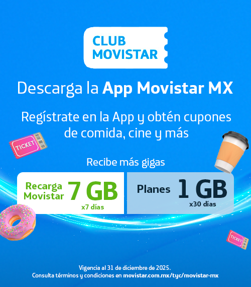 Club Movistar: Regístrate en la app y obtén cupones de comida, cine y más. Recibe más gigas: Recarga 7GB por 7 días o elige Planes de 1GB por 30 días