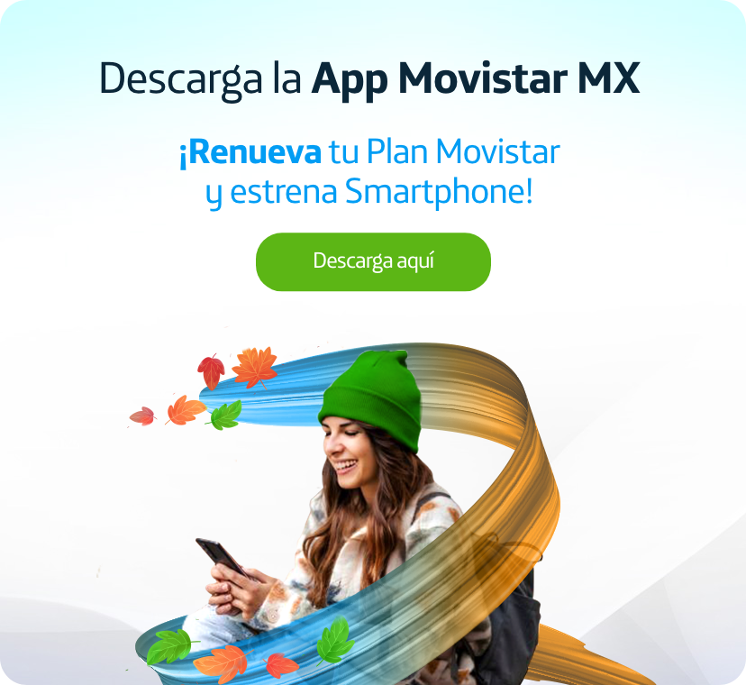 Descarga la App Movistar MX, renueva tu plan y estrena un smartphone. Banner chica con smartphone