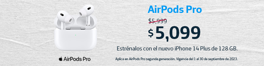 Haz match con los AirPods Pro a un super precio. Banner de audífonos de Apple a 5099 pesos al estrenar un iPhone 14 Plus de 128GB ¡Consulta vigencias!