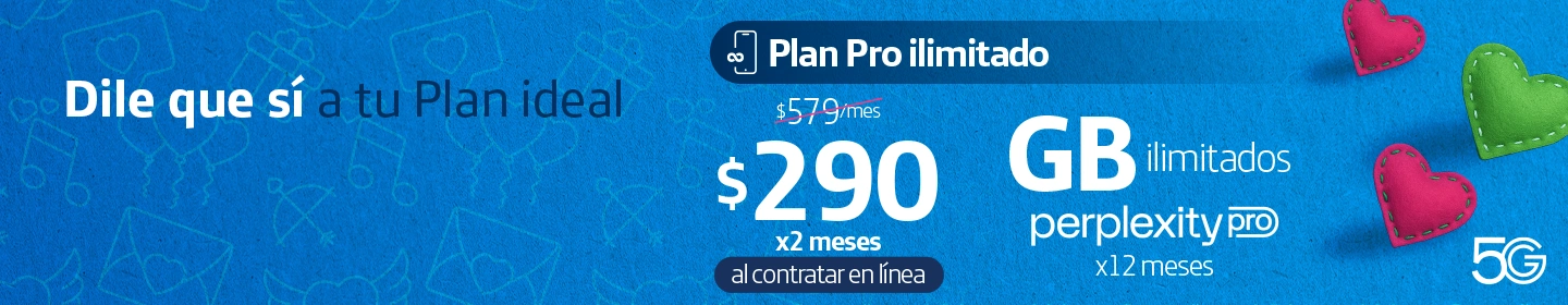 Contrata en línea tu Plan Pro Ilimitado Movistar con GB ilimitados y Perplexity Pro por 12 meses. Navega en la red 5G por solo $290